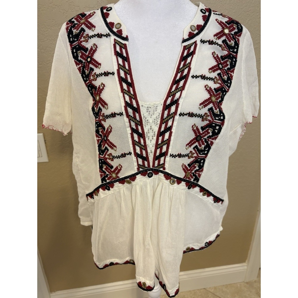 Anthropologie Akemi & Kin Peasant Blouse With Vibrant Embroidery, Medium, Boho